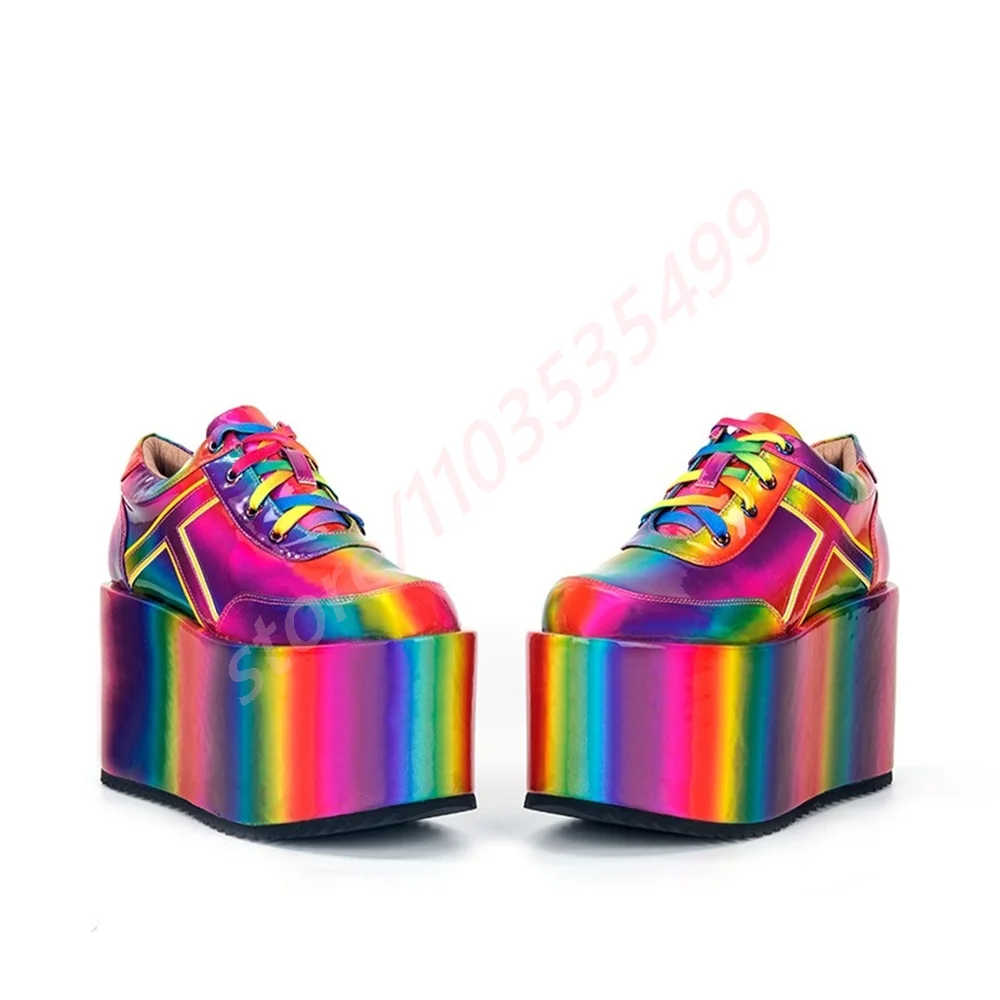 Thick Sole Laser Rainbow Lace-Up Pumps 2025 New Sexy Women's Round Toe Cyberpunk Rock Party Boots Street Fashion Motorcycle Boot