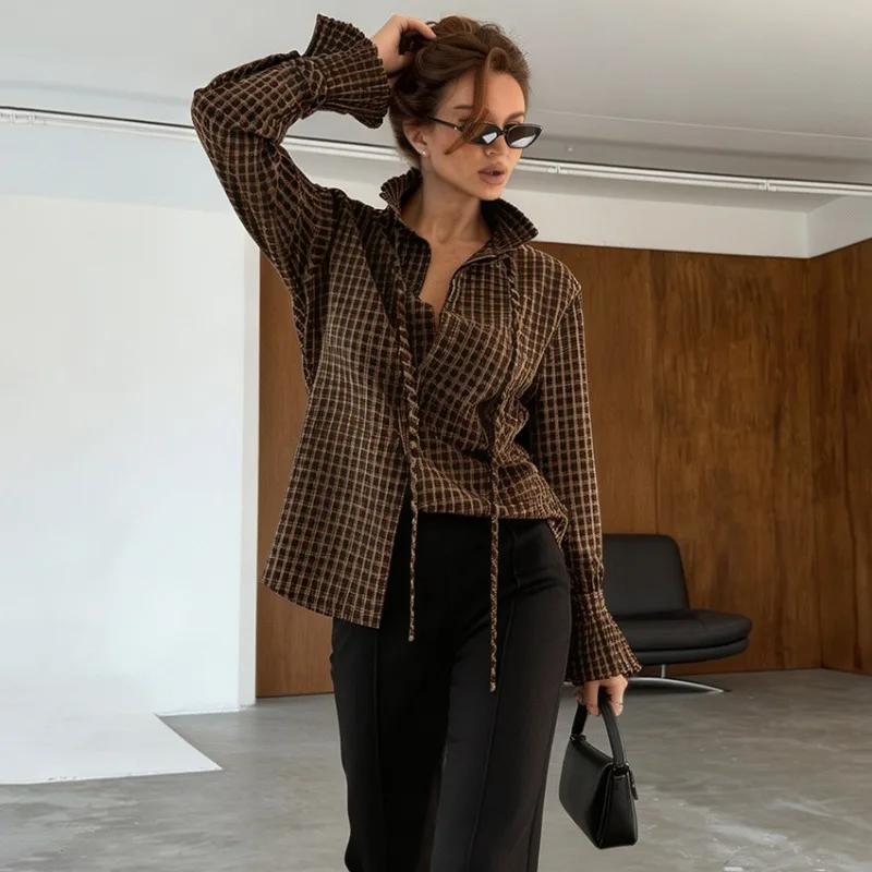 FRAYA LAB Women Brown Plaid Lapel Collar Drawstring Long Sleeve Shirt Vintage Loose Fit Fall Winter 2026 New Casual Chic Top Fun