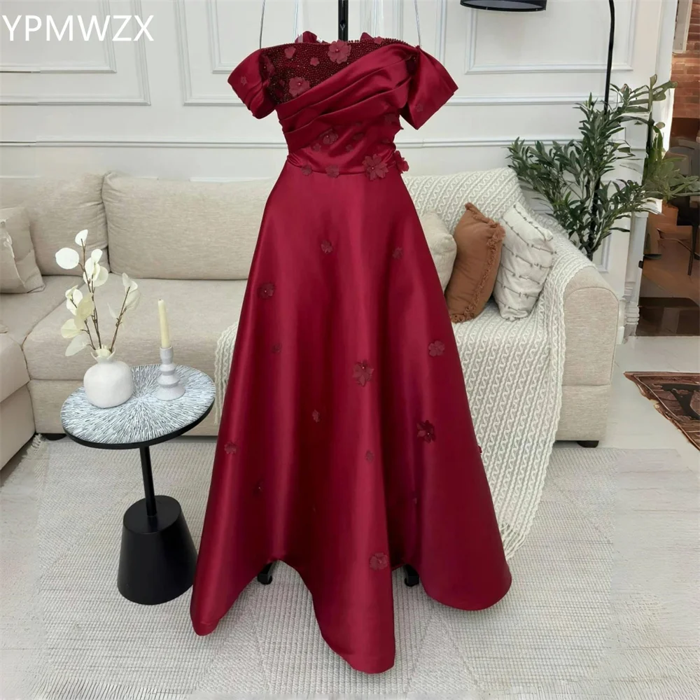 

Customized Evening Dress Formal Women Party Occasion YPMWZX Off-the-shoulder A-line Floor Length Skirts Draped Applique 3D Flowe