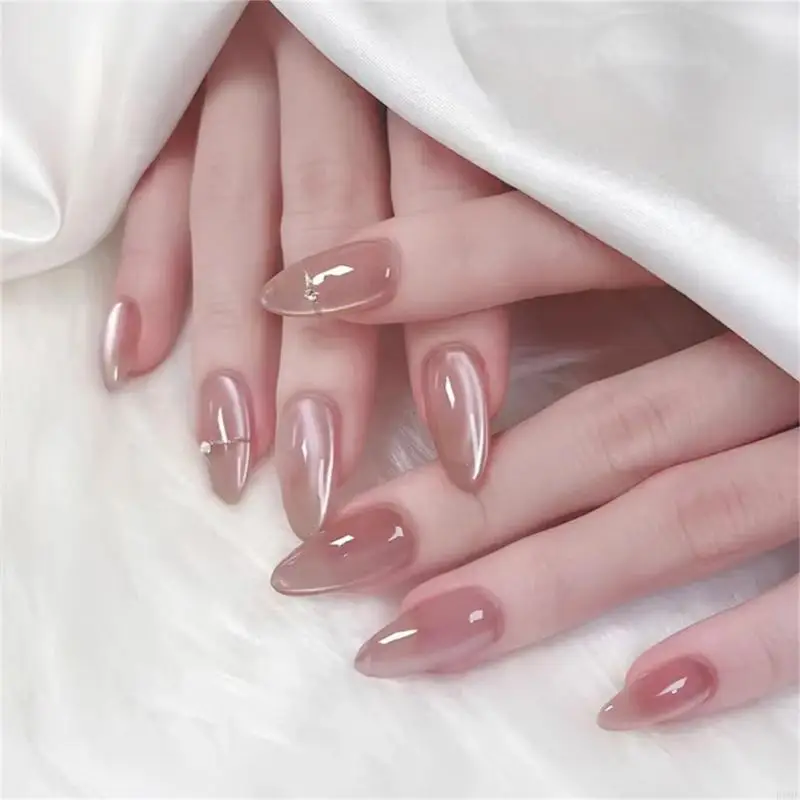 

R3MF 24 Pcs Simple False Rhinestones Artificial Glossy Full Cover on Almond Press On