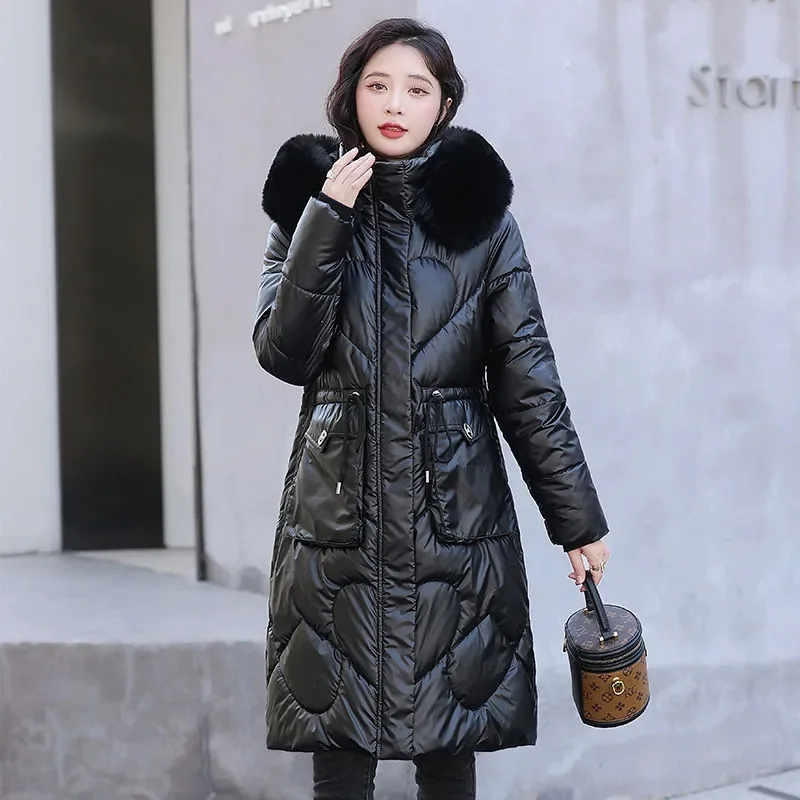 Autumn Winter Hooded Fur Collar Long Parkas Mujer Thick Warm Down Cotton Padded Jacket 2024 New Women Casual Coat Female Parka