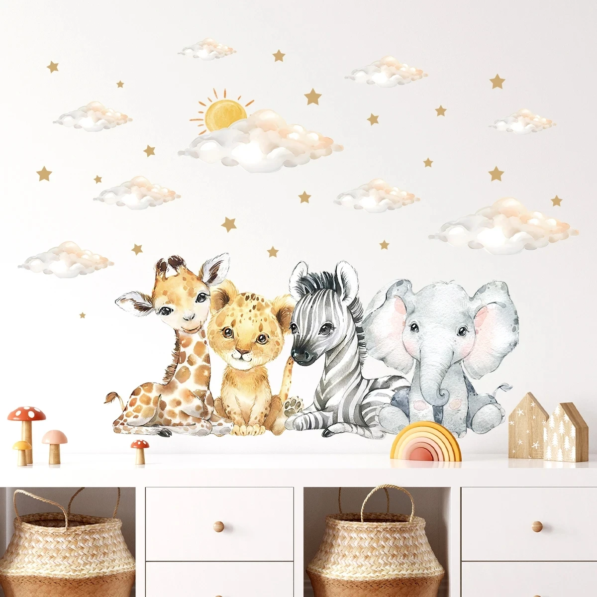 Children Room Wall Stickers Cartoon Elephant Zebra Giraffe Wall Decals for Kids Room Baby Room Decoration Backgrouond Wallpaper