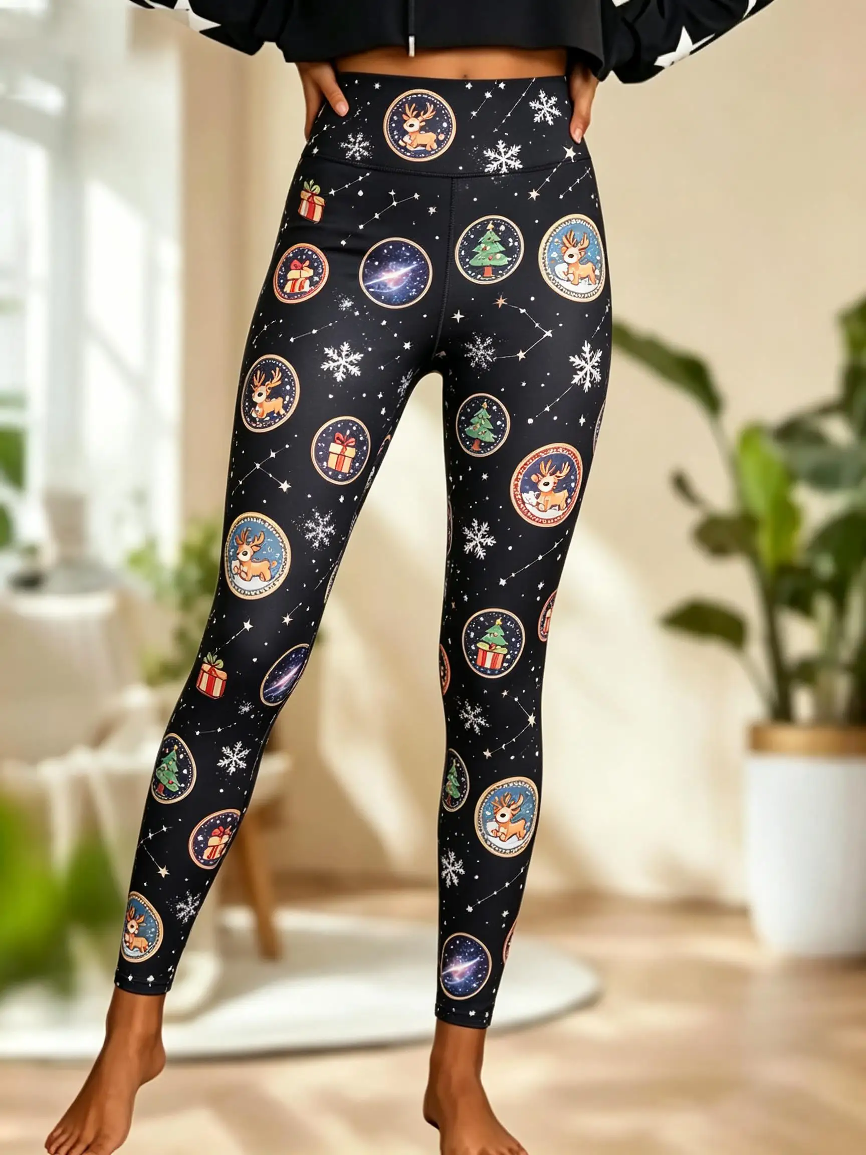 Women Fleece‑Lined Mid‑Rise Leggings Christmas Tree Gingerbread Man Bell Gift Snowflake Print Slim Warm Pants