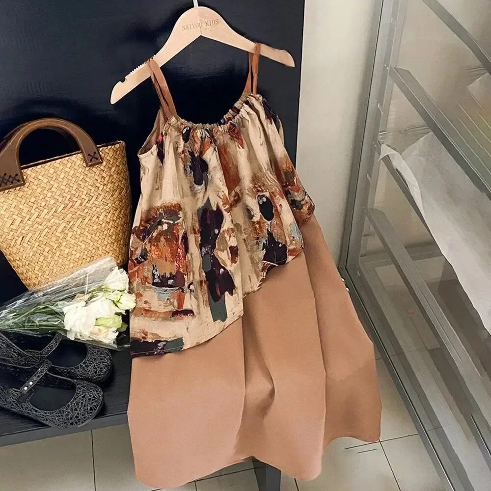 Summer Sale Girls Patchwork Round Neck Sleeveless Printed Dress Japanese Style Children's Clothing 4-7 Years Old