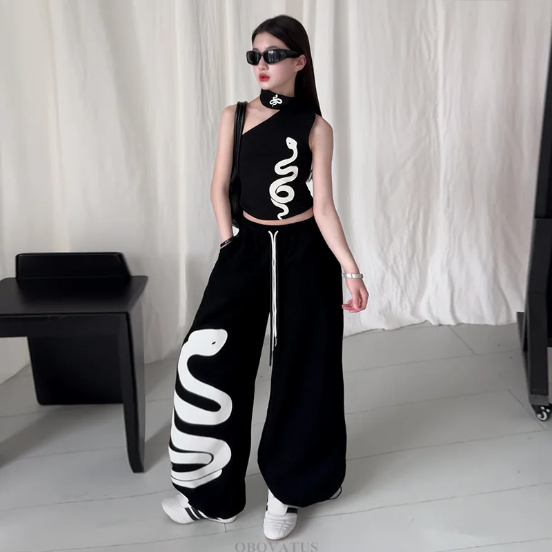 New Fashion Child Hiphop One Shoulder T-shirt Pants Clothing Set For Girl Korean y2k Streetwear Kids Hip-hop Snake Clothes Suit