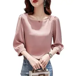 Elegant Satin three quarter Sleeve Blouses Women 2024 Vintage pink ice Silk Shirt Women Casual Loose lantern sleeve Tops