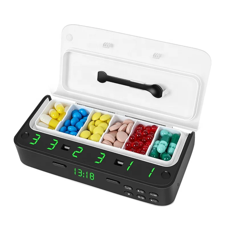 Mini Smart Pill Organizer Plastic Box Electronic Pill Reminder Digital Pill Box 7 Alarms Per Day Button Operation Medicine Spoon