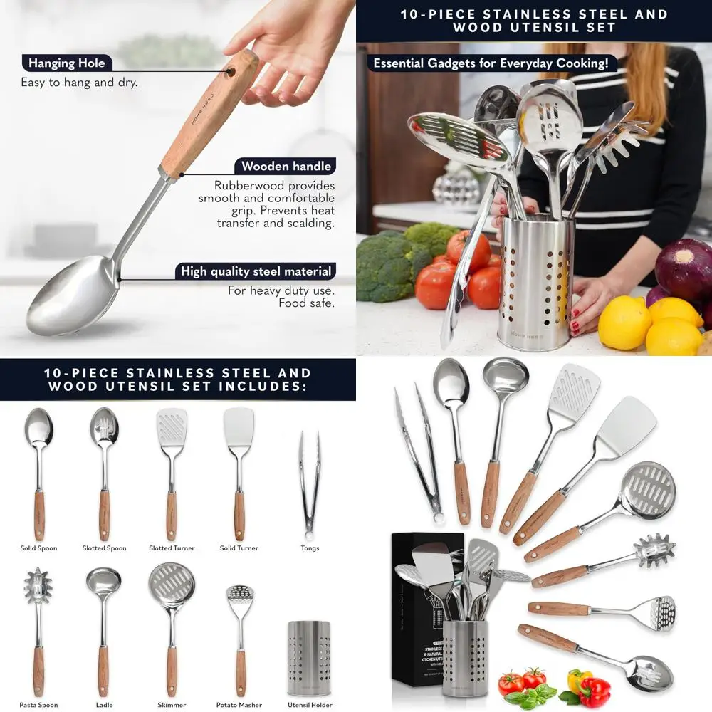 

Набор посуды из нержавеющей стали с деревянной ручкой — термостойкие кухонные инструменты с антипригарным покрытием и серебряными и деревянными акцентами