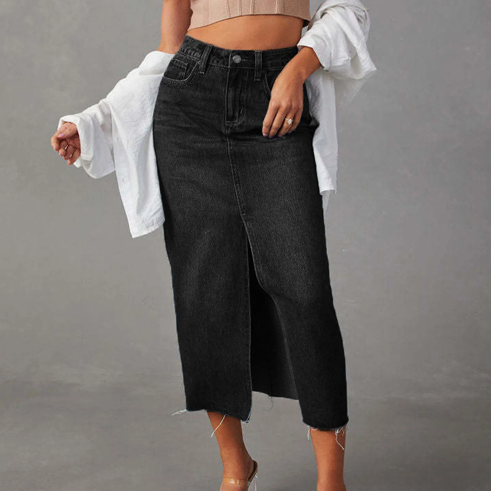 2024 Summer Midi Skirts Vintage Korean Style Skirts For Women Black Blue Jeans Skirt High Waisted Denim Skirt Front Slit