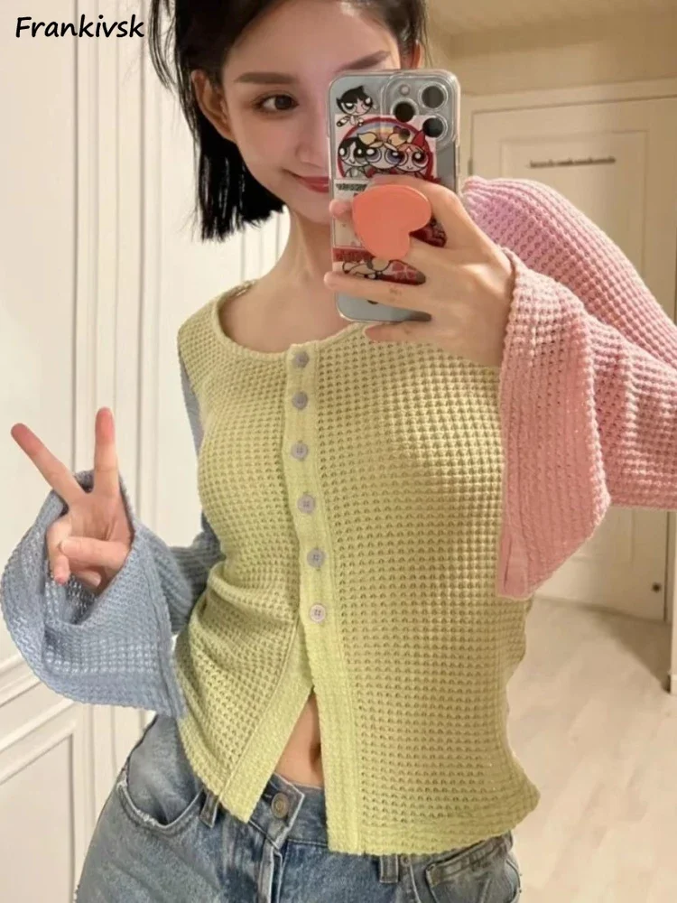 

Macaron Cardigan Women Colorful Patchwork Stylish Lovely High Street Soft Ins Flare Sleeve Aesthetic Girlish Knitwear Breathable