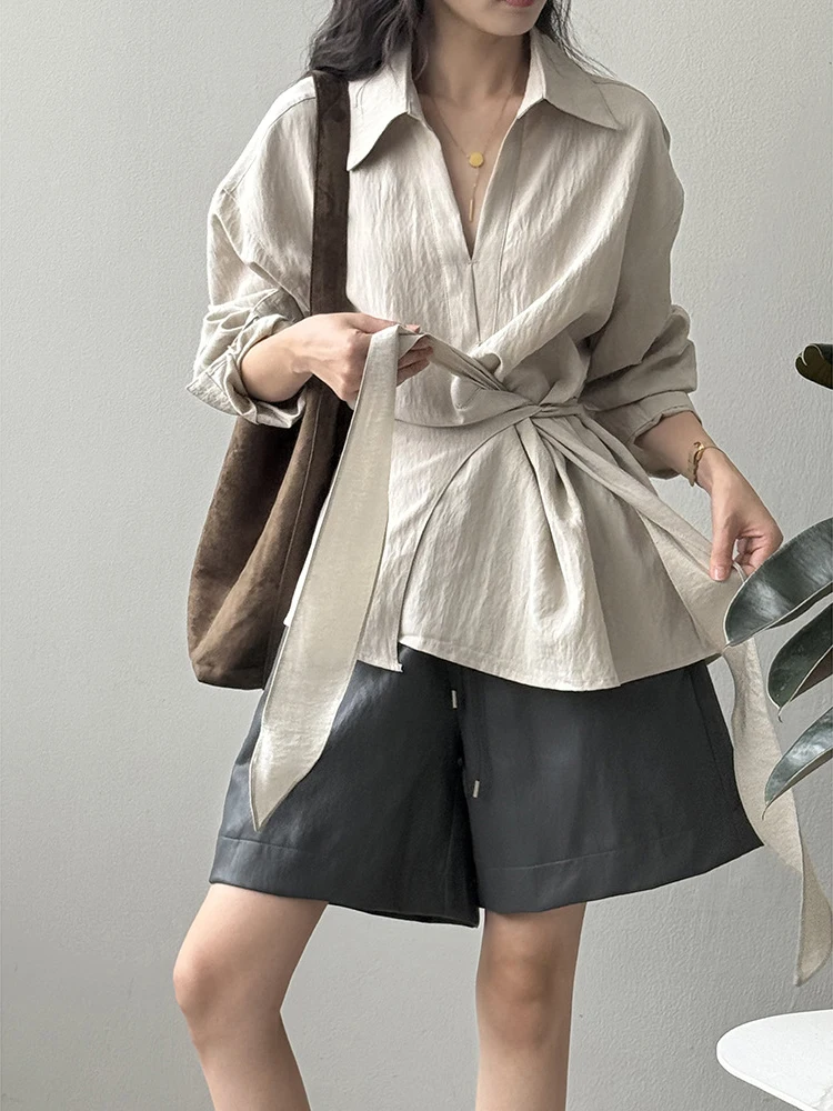 FANAN Camicie di design con vita arricciata irregolare per le donne Camicette a maniche lunghe con risvolto Solid Office Lady Top Fashion 2025 Autunno Nuovo