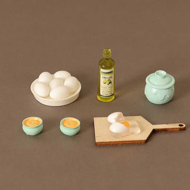 1/12 Dollhouse Mini Kitchen Food Toy Set Egg Olive Oil Jar Chopping Board Model Dolls House Decor Accessories