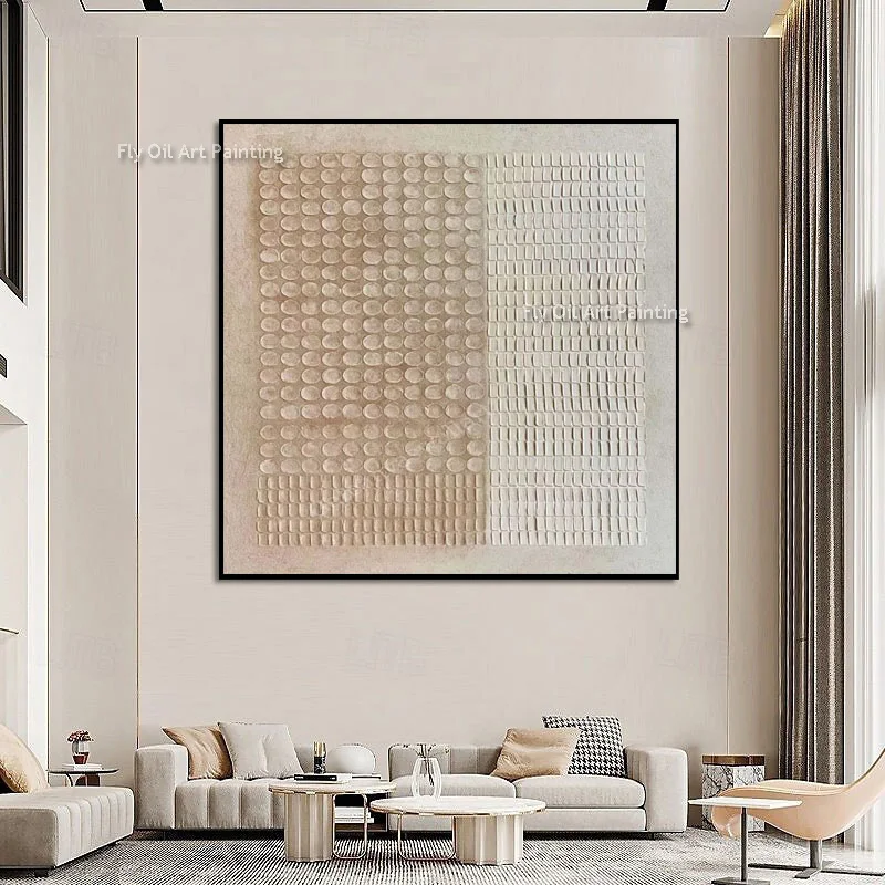 Artisan Handmade Mark Rothko Style Neutral Tone Abstract Oil Painting, Circle & Line Grid Textured Large Square Canvas Wall Art