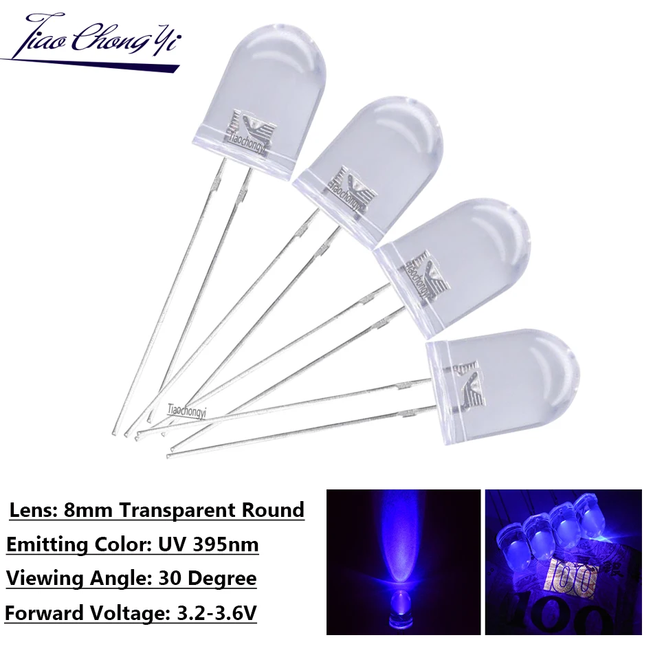 20pcs 50PCS 395nm UV LED Diode DIP 8mm Diodes Clear UV LED 3.2v-3.6v 20mA Ultraviolet Ultra Violet LED