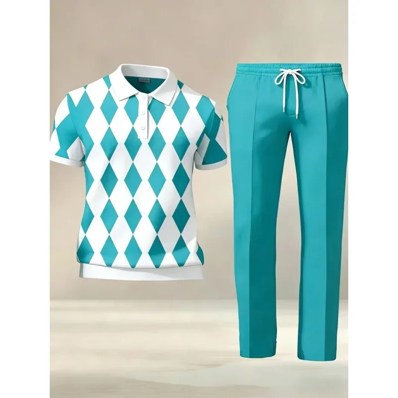1 Top (Without Pants) Men's Short Sleeve Polo Shirt Upper Garment, 3D Digital Argyle Print, Summer Casual Breathable Lapel Fashi