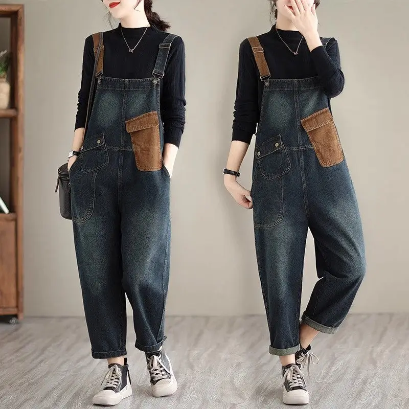 

Autumn New Contrast Pocket Denim Strap Pants Women's 2023 Trendy Fashion Vintage Patch Jeans Jumpsuits Overalls Z2999