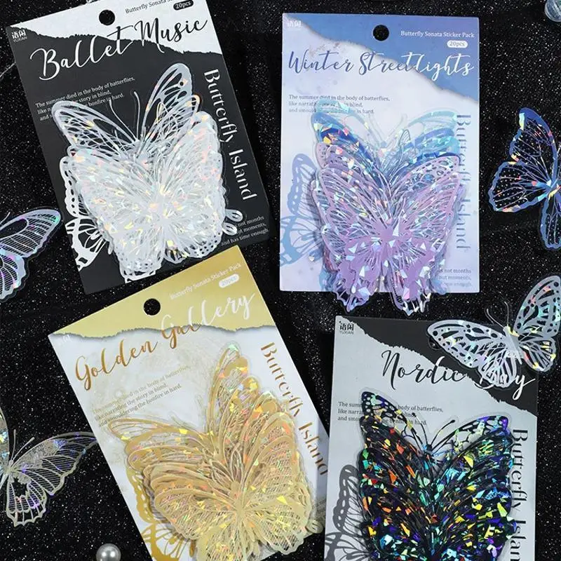 20 pcs Hollow out laser PET Butterfly Stickers Creativity Decorative Hand Account Diary Album Scrapbooking material