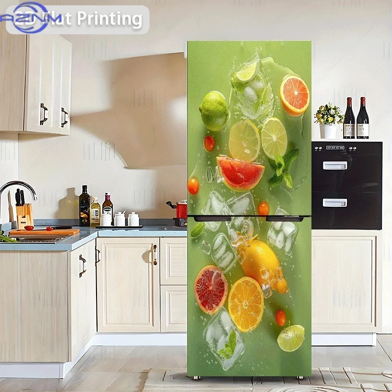 1pc 2D Flat Design Refrigerator Sticker, 23.62×70.87inch, A Refreshing Encounter of Colorful Fresh Fruits and Ice Cubes on a C