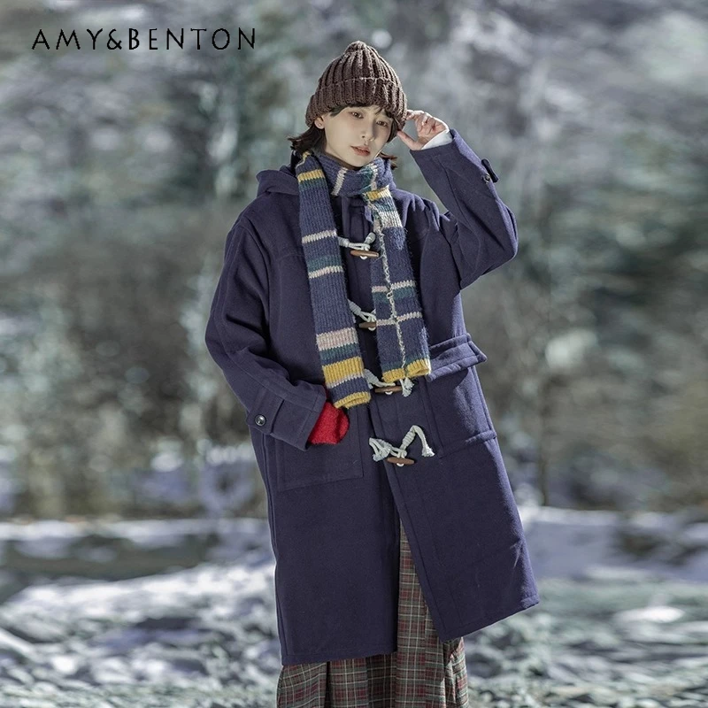 

2025 Autumn Winter Japanese Street Style Loose Hooded Long Sleeve Horn Button Beige Gray Black Mid-Length Couple Wool Coat