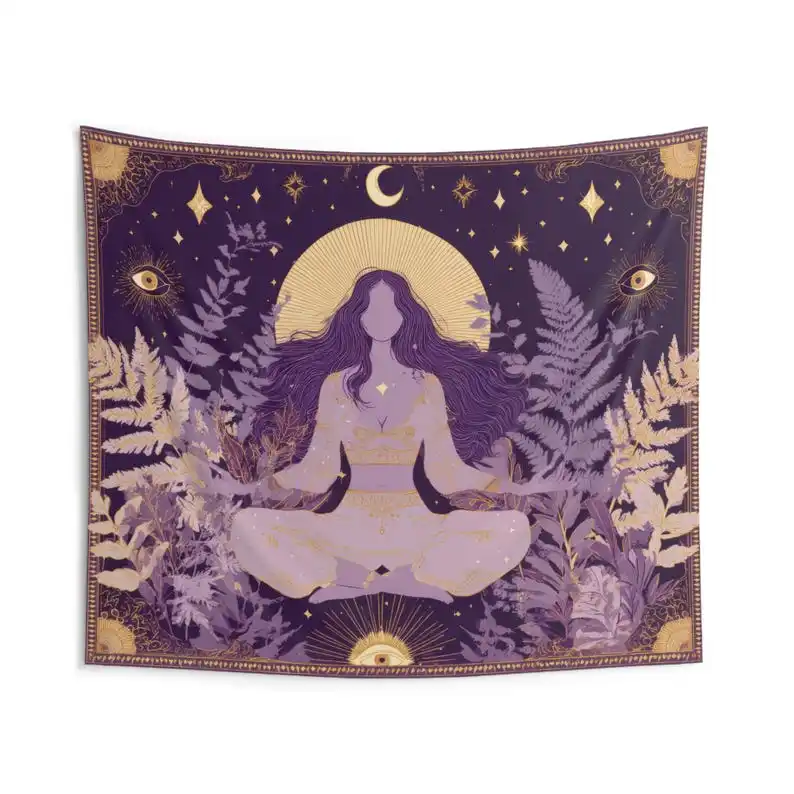 Amethyst Stillness Meditation Tapestry with Radiant Goddess, Purple Forest  Mystical Yoga Wall Art for Spiritual Boho Decor