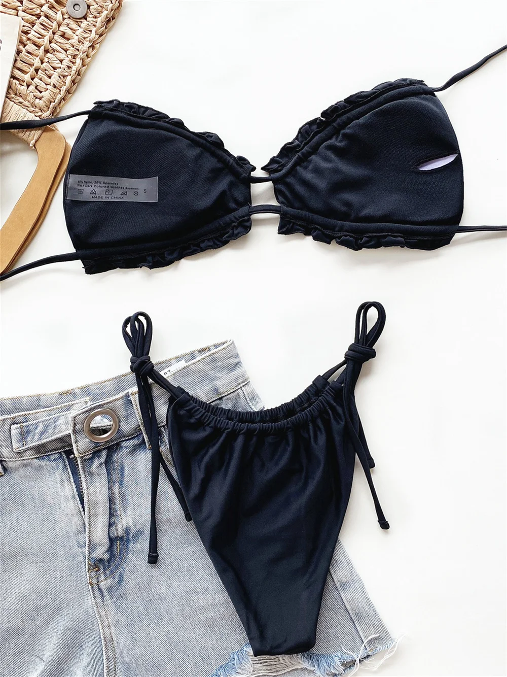 Seksi Siyah İpli Bikini, Büzgü - Swimsuit Bikini Ruched incelemesi ve fiyatı