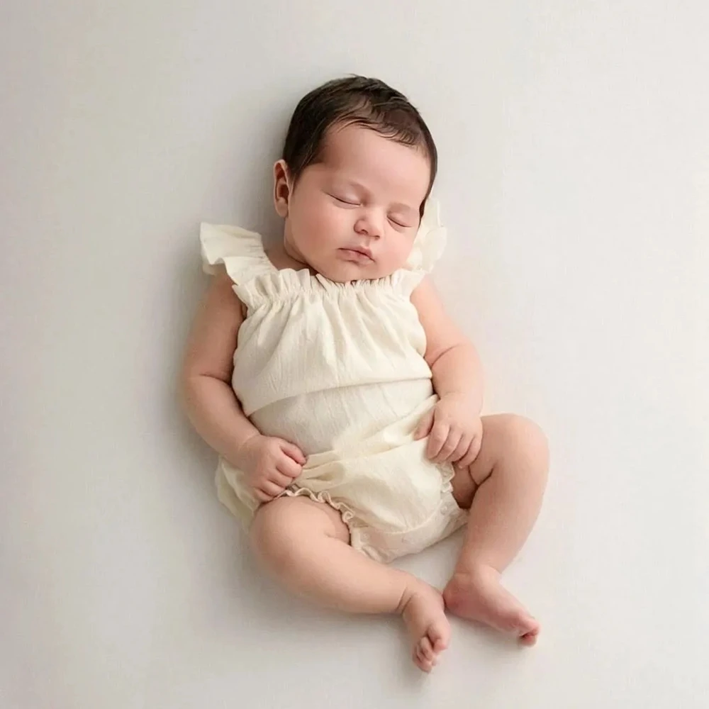 Newborn Photography Outfit Beige Ruffled Flutter Sleeve Romper Baby Photo Shoot Prop Newborn Photo Costume