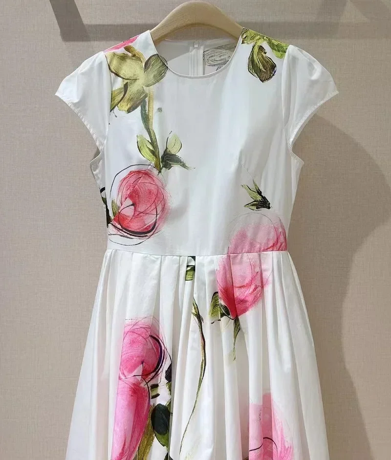 100% algodão vestido longo 2025 primavera verão moda designer feminino doce rosa flor estampas manga curta elegante branco maxi vestido