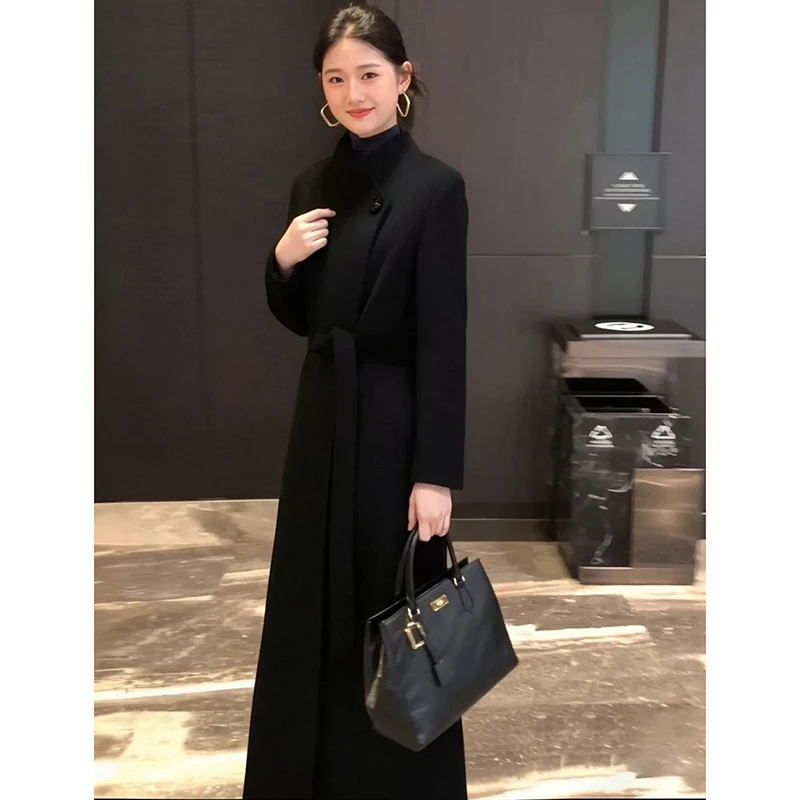

Korean Fashion Women's Black Stand Collar Wool Coat Long Winter Jacket Elegant Thick Warm Windbreaker Outwear Top