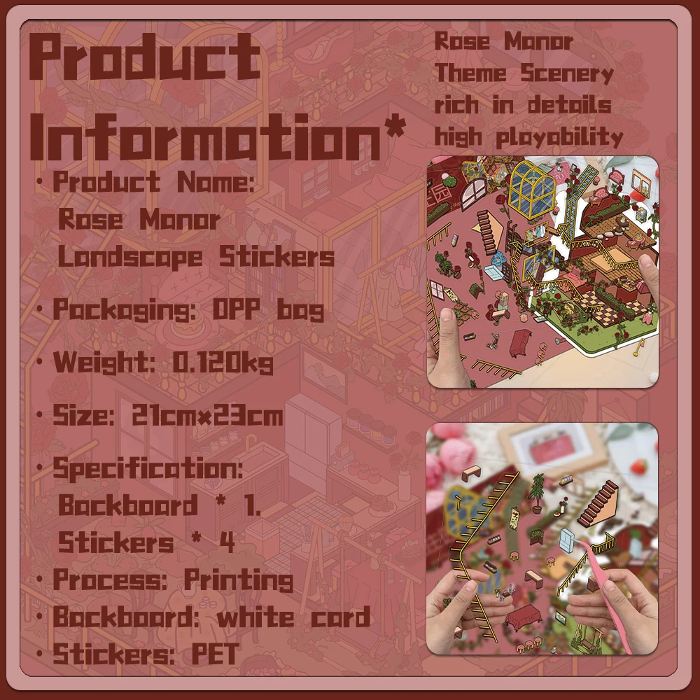 4PCS Creative 3D Miniature Shrines, Rose Manor Landscapes, and Small Cap Decompression PET Transparent Material Stickers