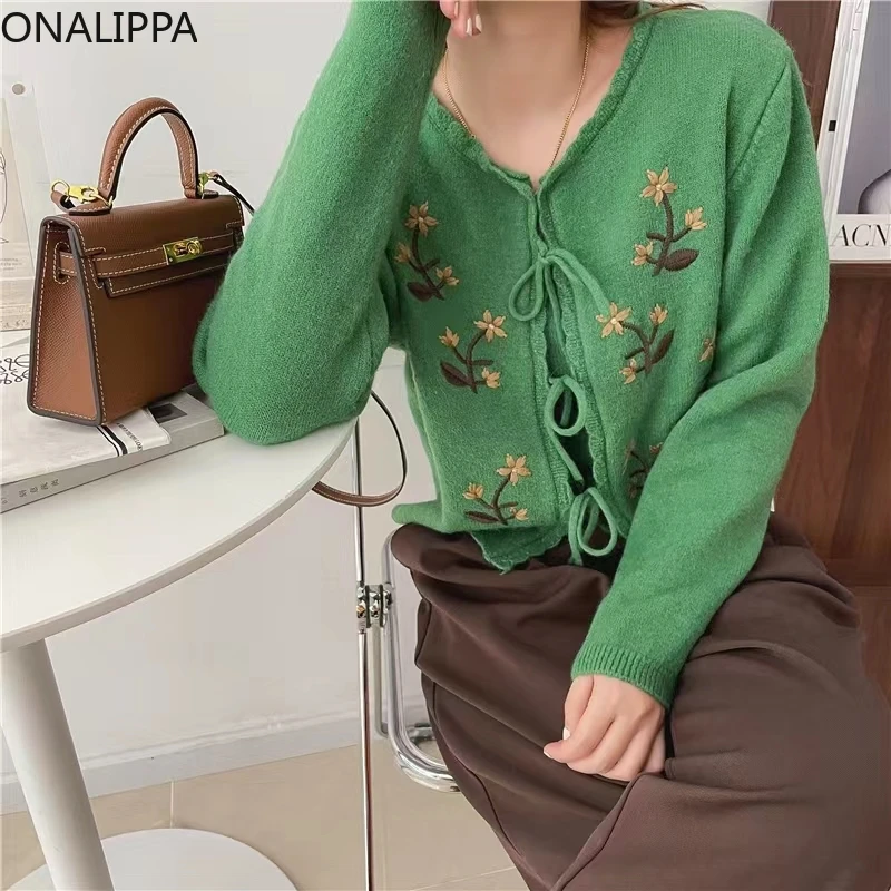 Onalippa Sweet 2 Piece Sets Womens Outfits Solid Bottoming Tank Top Embroidery Contrast Lace Up Bows Knitted Cropped Cardigan