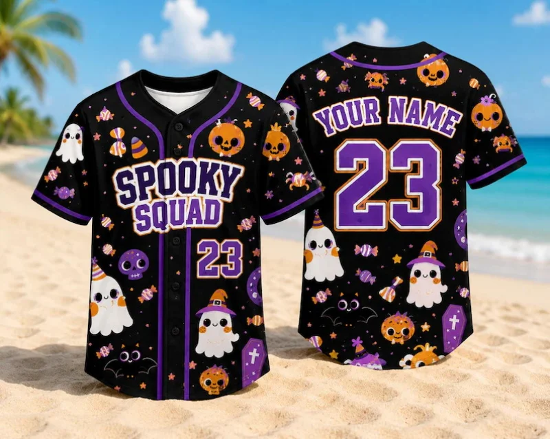 Custom Name Number Halloween Baseball Jersey Cute Ghost Black Cat Pumpkin Orange Striped Men Short Sleeve Party Team Shirt