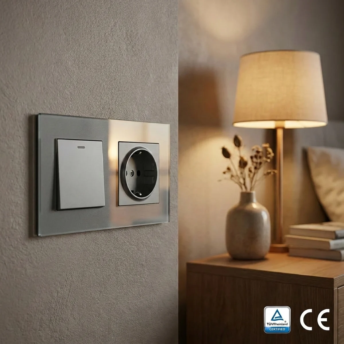 European Style Wall Socket, USB Socket, Antenna Socket Grey Color Scratch-resistant Tempered Glass for Indoor Decoration Use