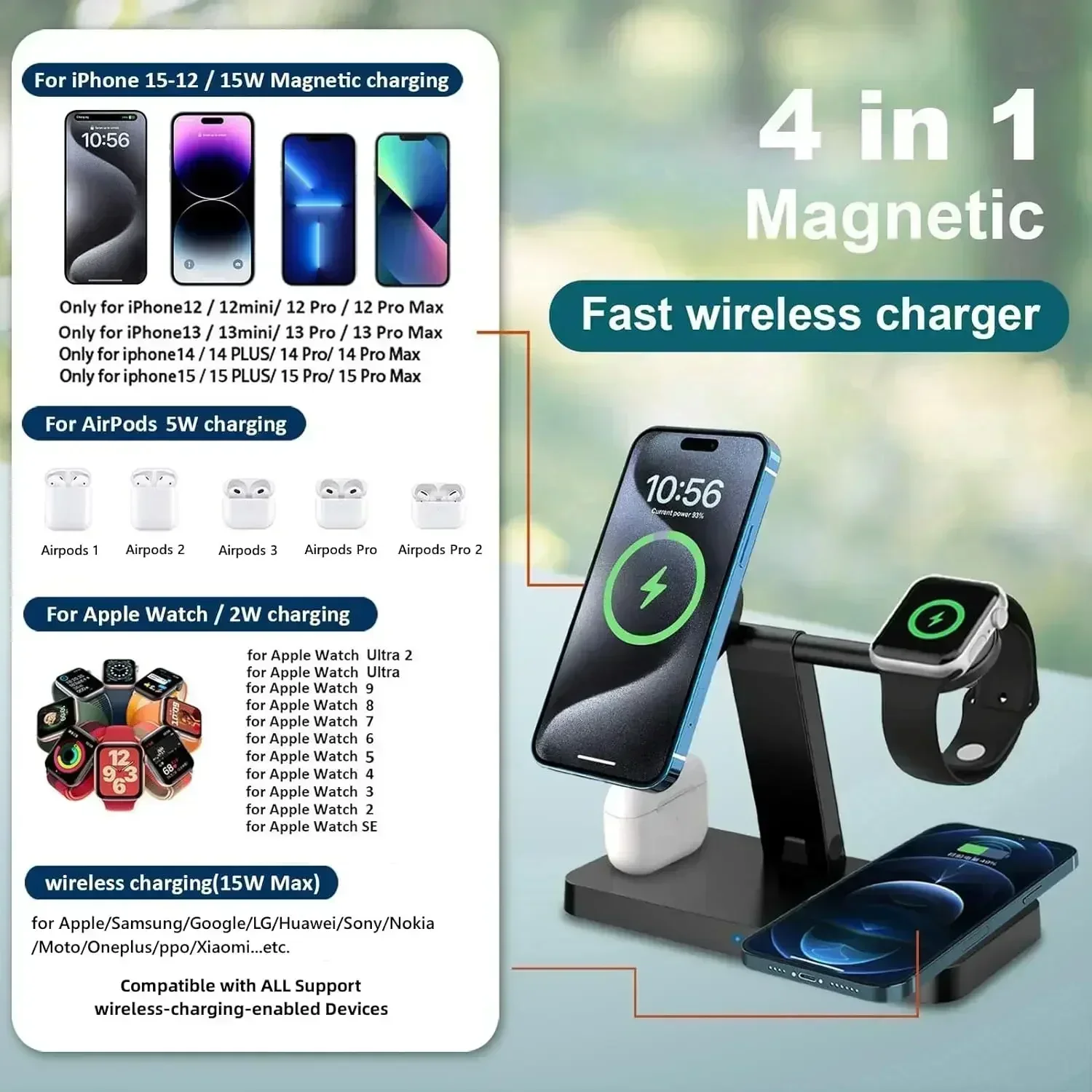 Foldable 4 In 1 Magnetic Wireless Charger Stand For Magsafe iPhone 16 15 14 13 12 Apple Watch Airpods Fast Charging Dock Station image 6
