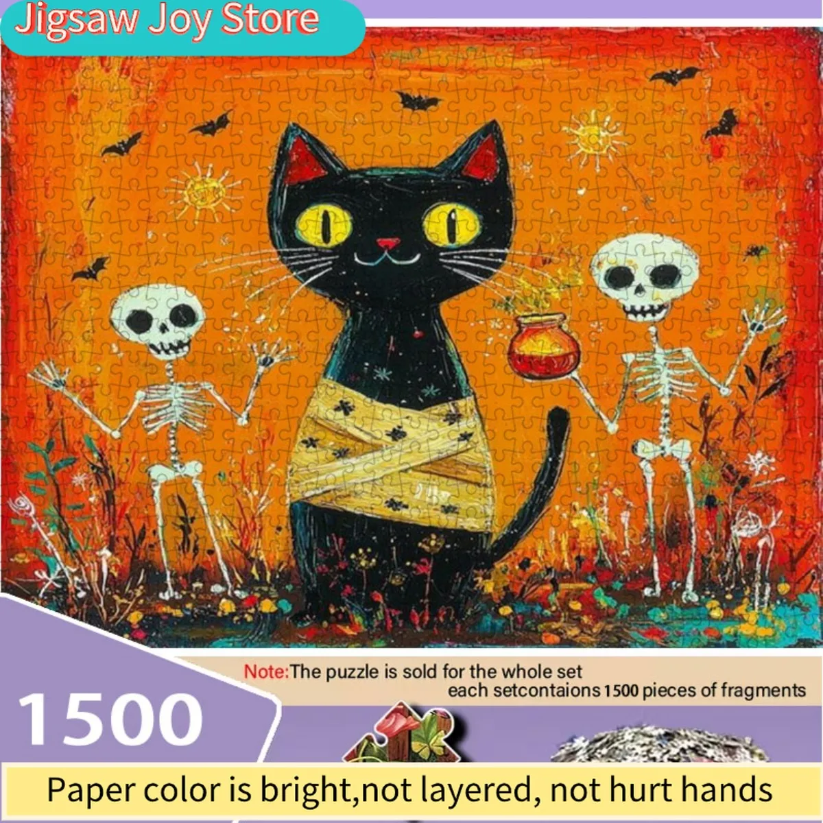 

Adult Puzzle - Orange Black Cat Skull Bat and Sun Pattern | Christmas/Birthday Gift, Home Decor, Portable Cardboard Puzzle, I