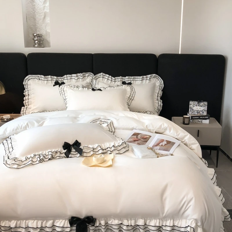 3Pcs French style White bedding set,with bow and ruffle Duvet cover including 1 duvet cover and 2 pillowcases Ultra Soft fabric