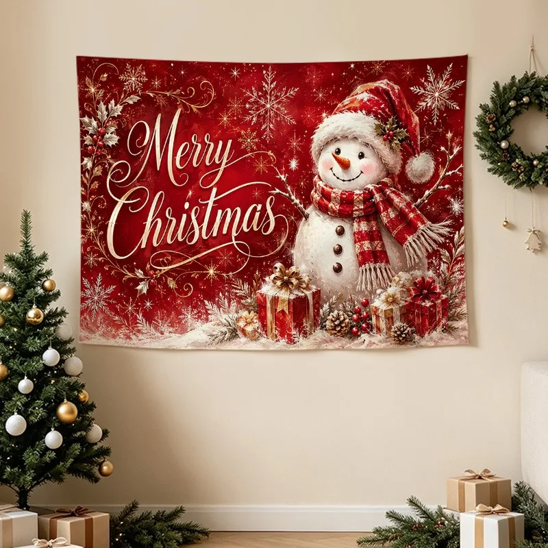 VIKAMA Red Winter Wonderland Snowman Tapestry, HD Print Wall Hanging for Living Room Cozy Holiday Party Decor