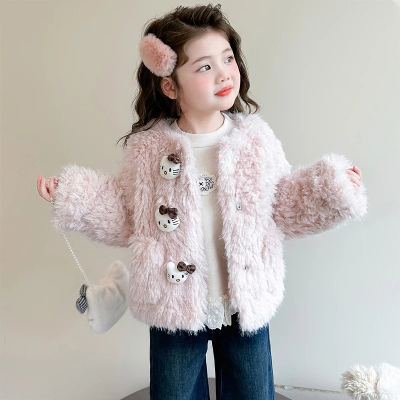 

Sanrio Y2K Kids Hello Kitty Plush Coat Cartoon Sweet Cotton-Padded Clothes Cute Thickened Children Clothing Anime Tops Girl Gift
