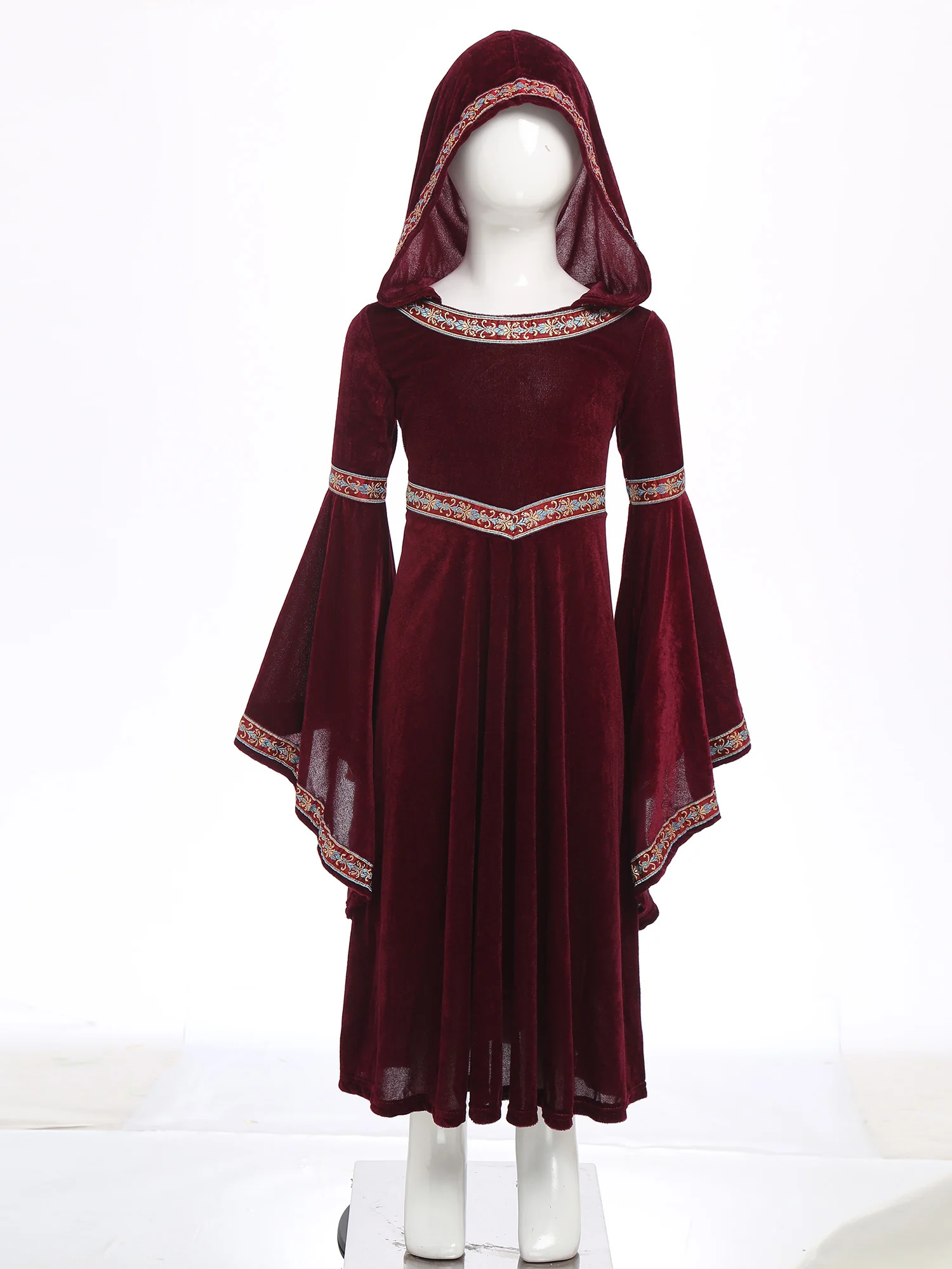 Hooded Medieval Princess Costume for Girls Long Renaissance Dress Gothic Witch Cosplay Velvet Robe Halloween Carnival Dress Up view 3
