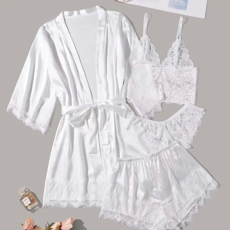 Women's 4-Piece Pajama Set, White Lace Ice Silk Cami Shorts Bathrobe Sleepwear, Pure Color Homewear Loungewear, Soft Cozy Sexy