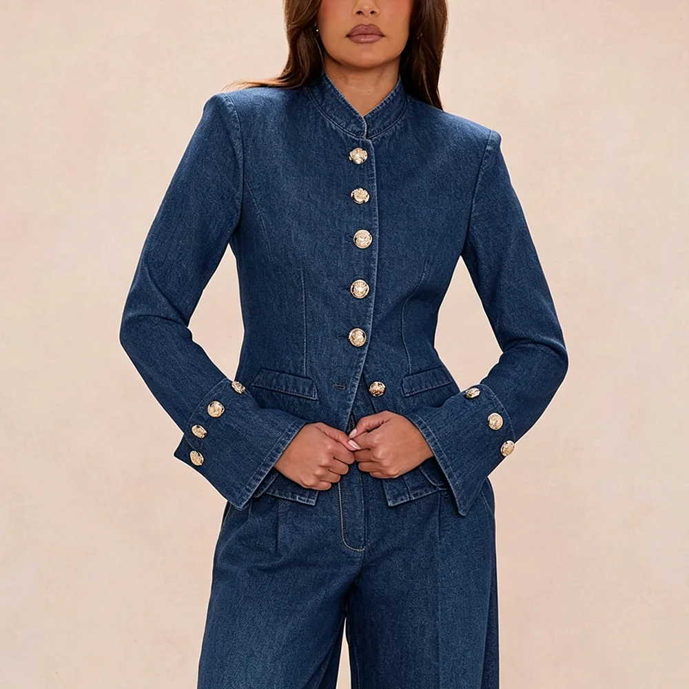 Chic Women's Stand Collar Denim Suit Casual Streetwear 2 Pieces Jacket+Pants Set Single Breasted Fashion Party Outfit
