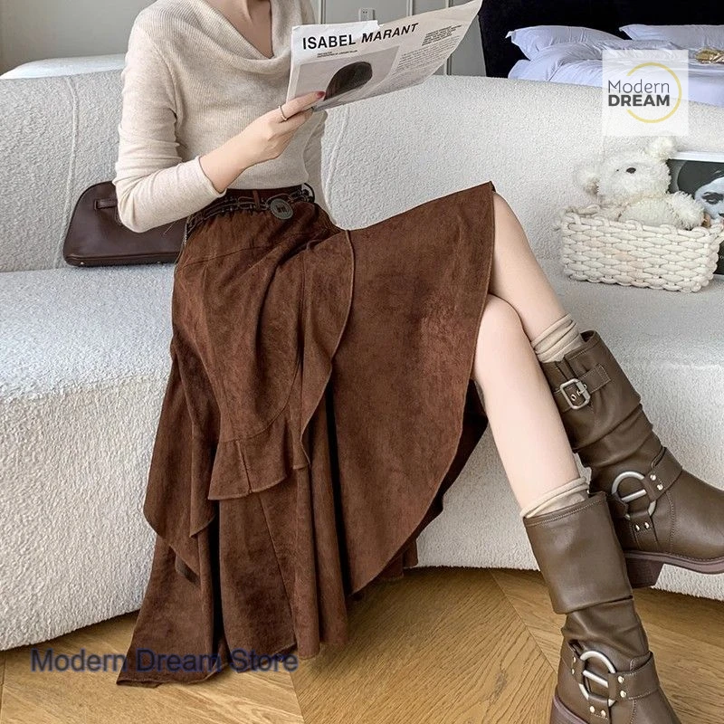 French flounced deerskin skirt women's spring and autumn high waist irregular A-shaped fluffy long skirt anti-exposure skirt