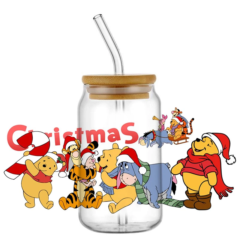 Christmas Winnie the Pooh 16oz DTF Sticker Cups Christmas Gifts UV Wrap Transfer Sticker Custom Labels DIY Logo Selfadhesive