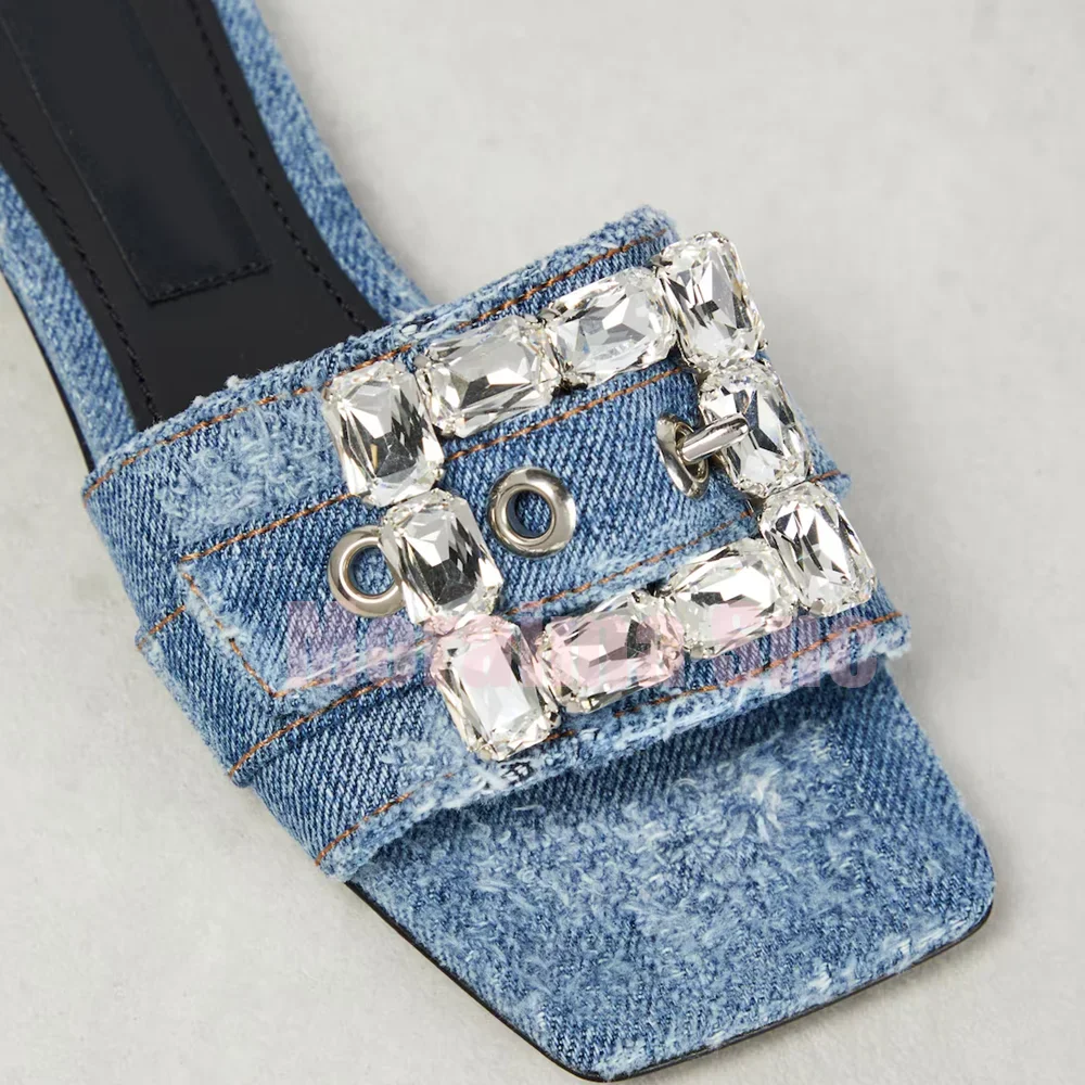 Crystal Embellished Denim Slippers Square Toe Flat With Fashion Women's Summer Shoes Slipper Outdoor Slip On 2026 New Arrivals view 2