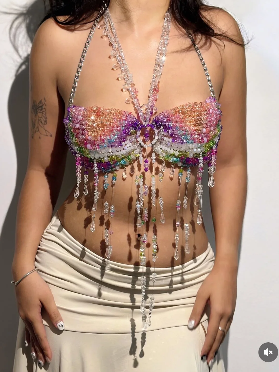 Fashion Hanging Neck Sexy Vest Colorful Gemstone Body Chain Chest Chain Hollow Out Beaded Top B25491