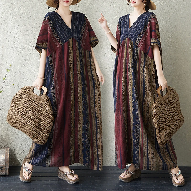 

plus Size V-Neck Short Sleeve Cotton Lin Loose Fit Slimming Print Dress Women's Summer Fashion Artistic Style Citywalk Dress