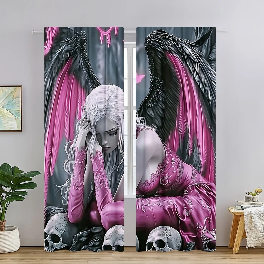 2pcs Elegant Angel Wings Anime Curtains – Detailed Wing & Skull Design for Bedroom, Living Room, Kitchen & Office Decor