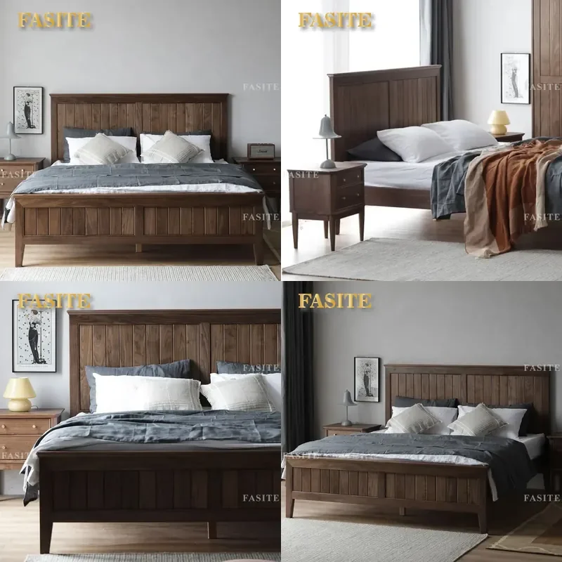 For North American Black Walnut Solid Wood Double Bed 1.5m 1.8m Modern Simple Log High Box Storage Wedding Bedroom Furniture