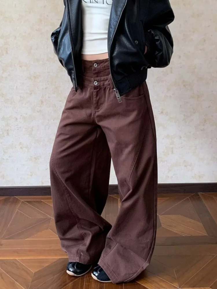 

2022, мешковатые женские джинсы в американском стиле ретро Y2K с двойным поясом, брюки для женской одежды, широкие белые хлопковые длинные брюки