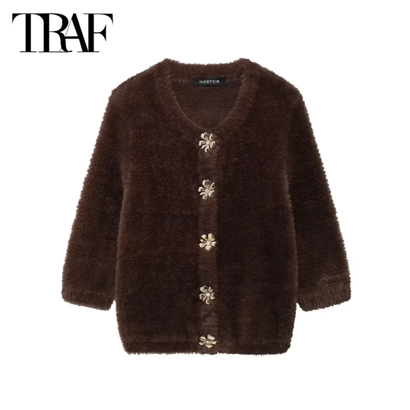 TRAF 2024 Women Brown Faux Fur Cardigans Autumn Winter Cropped Knitted Outerwears Ladies Fashion Casual Short Knitwear Coats