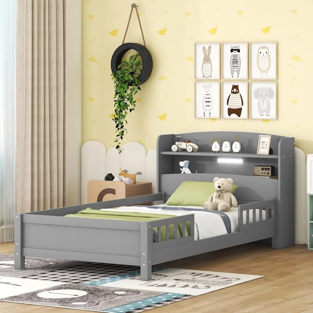 

Twin Bed Frame with Storage Headboard and Fence Rails,Wood Low Platform Beds with LED Light and Slat Support for Kids Boys Girls